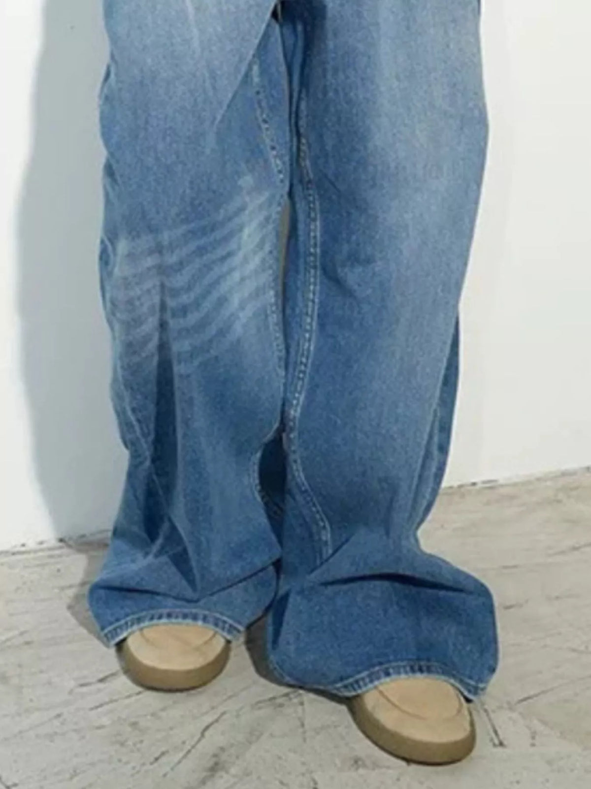 High-Waisted Distressed Wide-Leg Denim Jeans in Blue, view 4