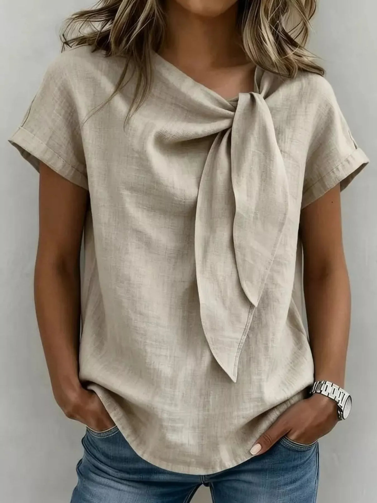 Full Size Bow Tie Neck Short Sleeve Blouse Plus Size - Lilixa.store