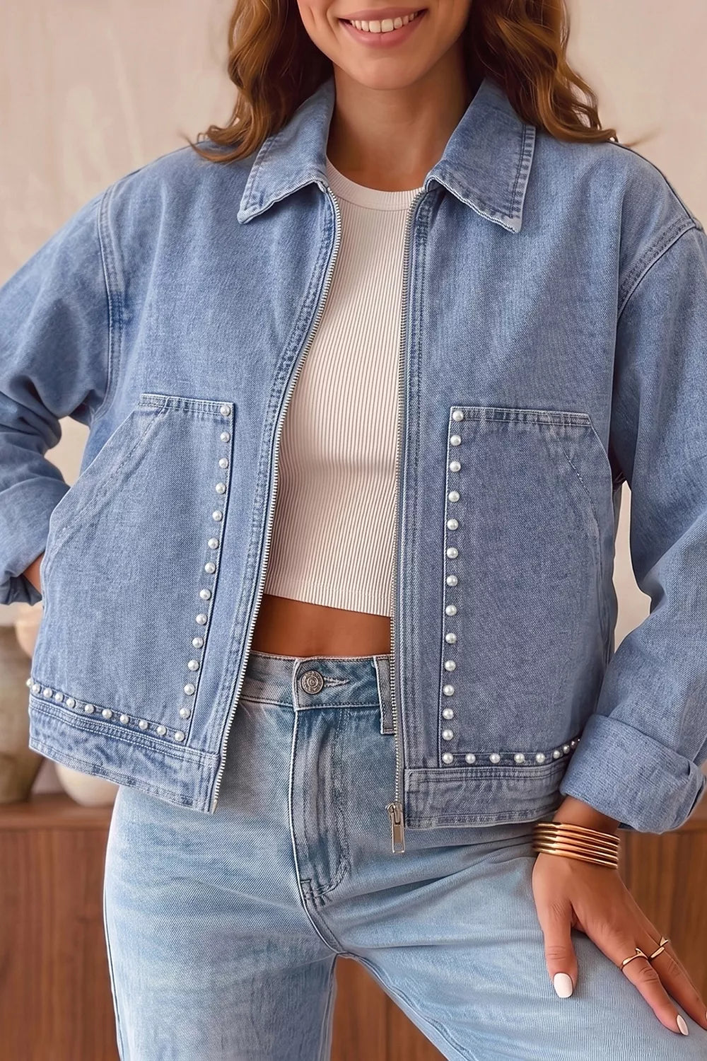 Studded Metal Zipper Rivet Pockets Long Sleeve Denim Jacket in Light Blue, view 3