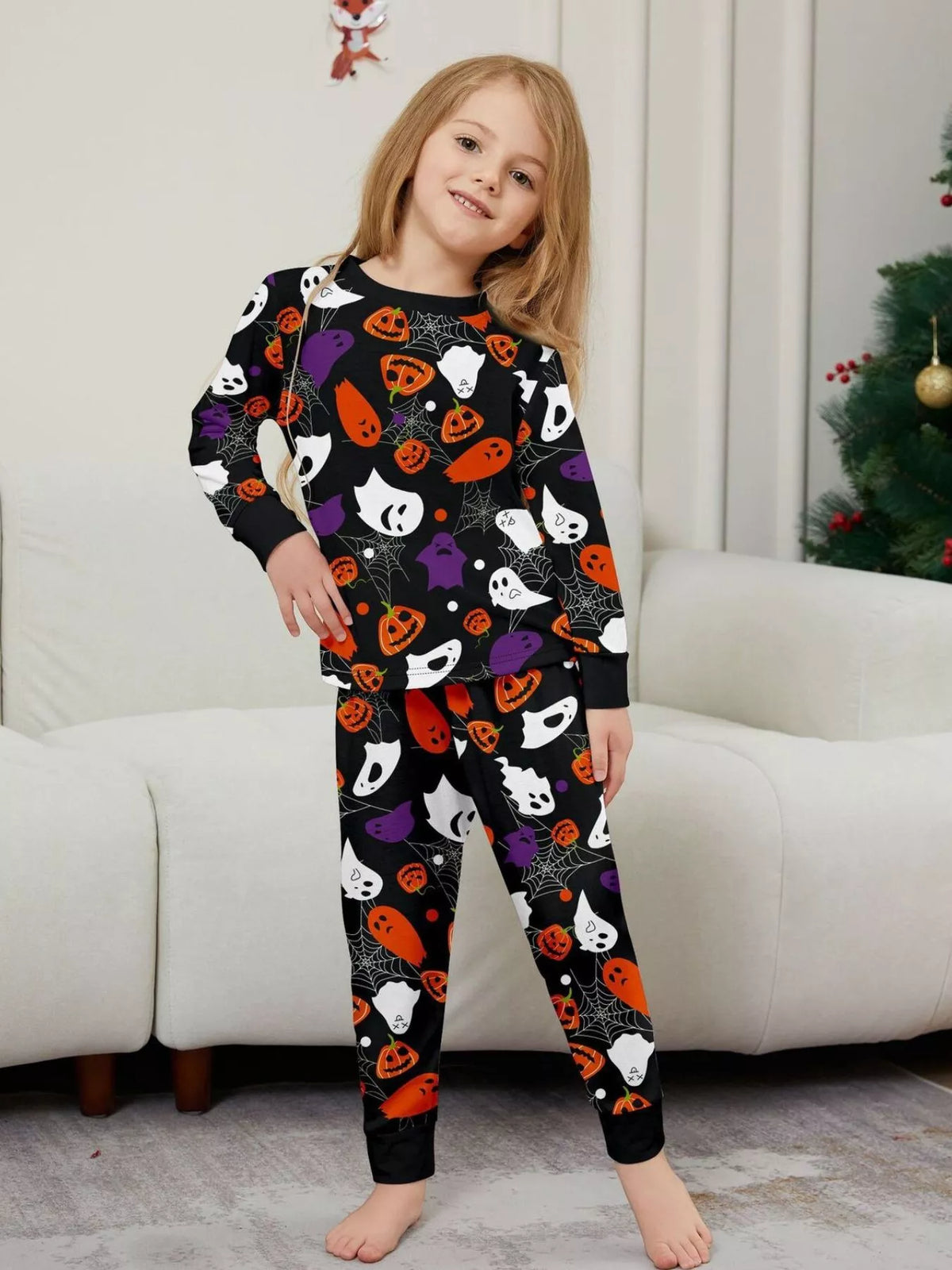 Full Size Halloween Themed Family Matching Pajama Set with Ghost and Pumpkin Print Plus Size
