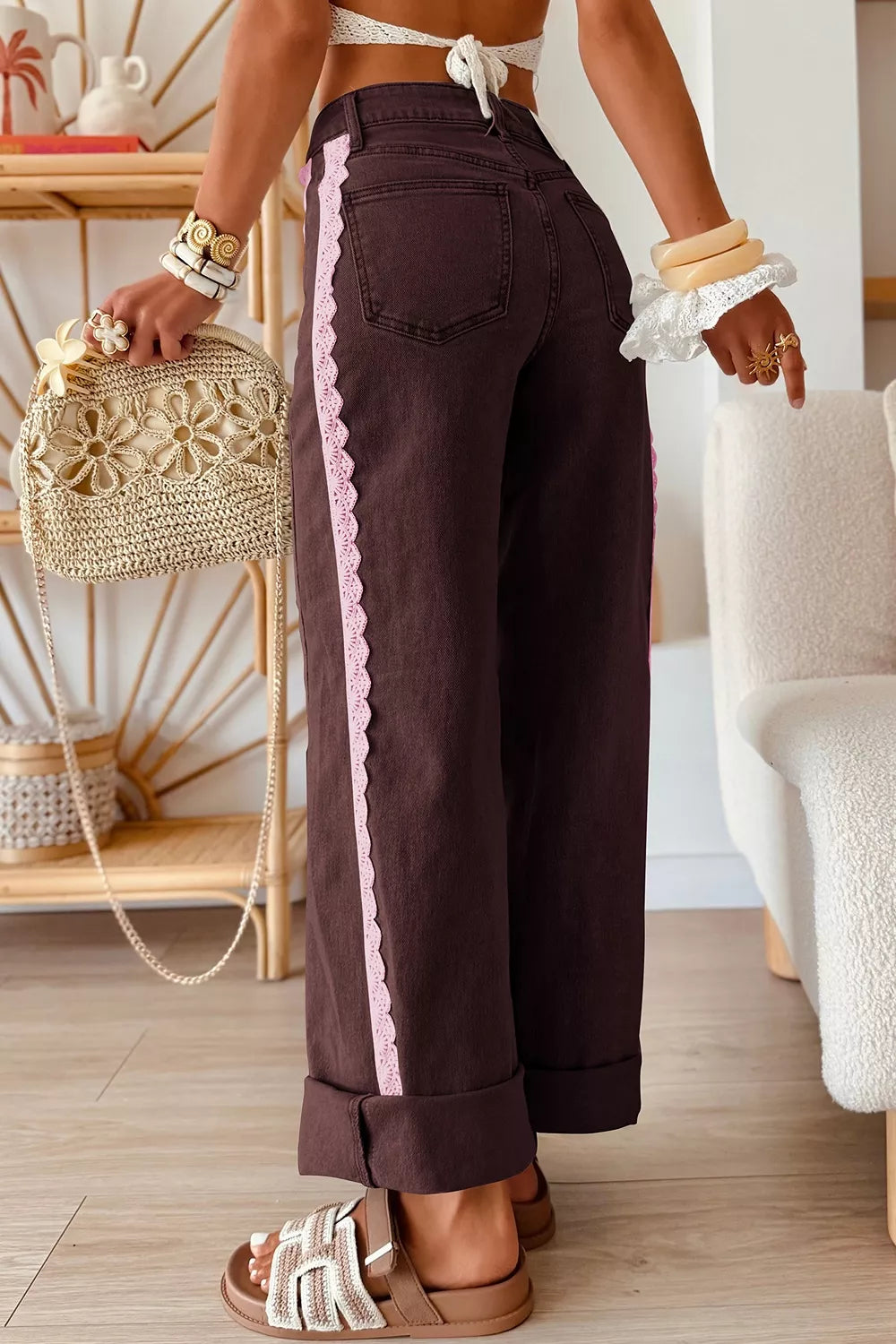 Lace Trim Casual Full-Length Regular Fit Jeans - Lilixa.store