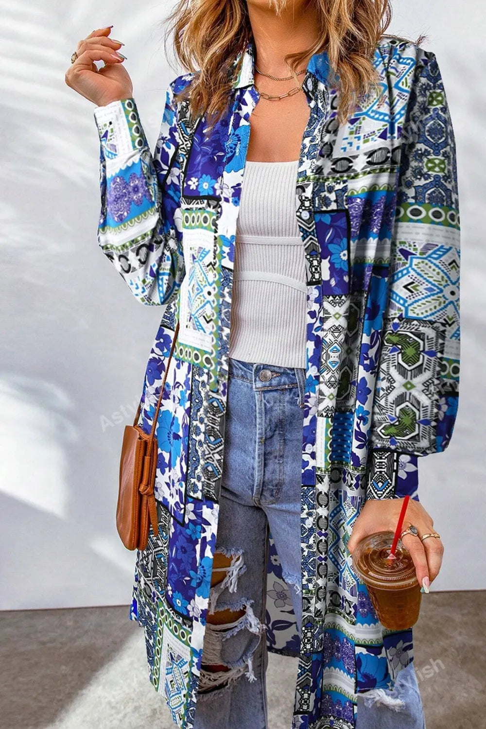 Printed Button Up Long Sleeve Cardigan in Royal Blue