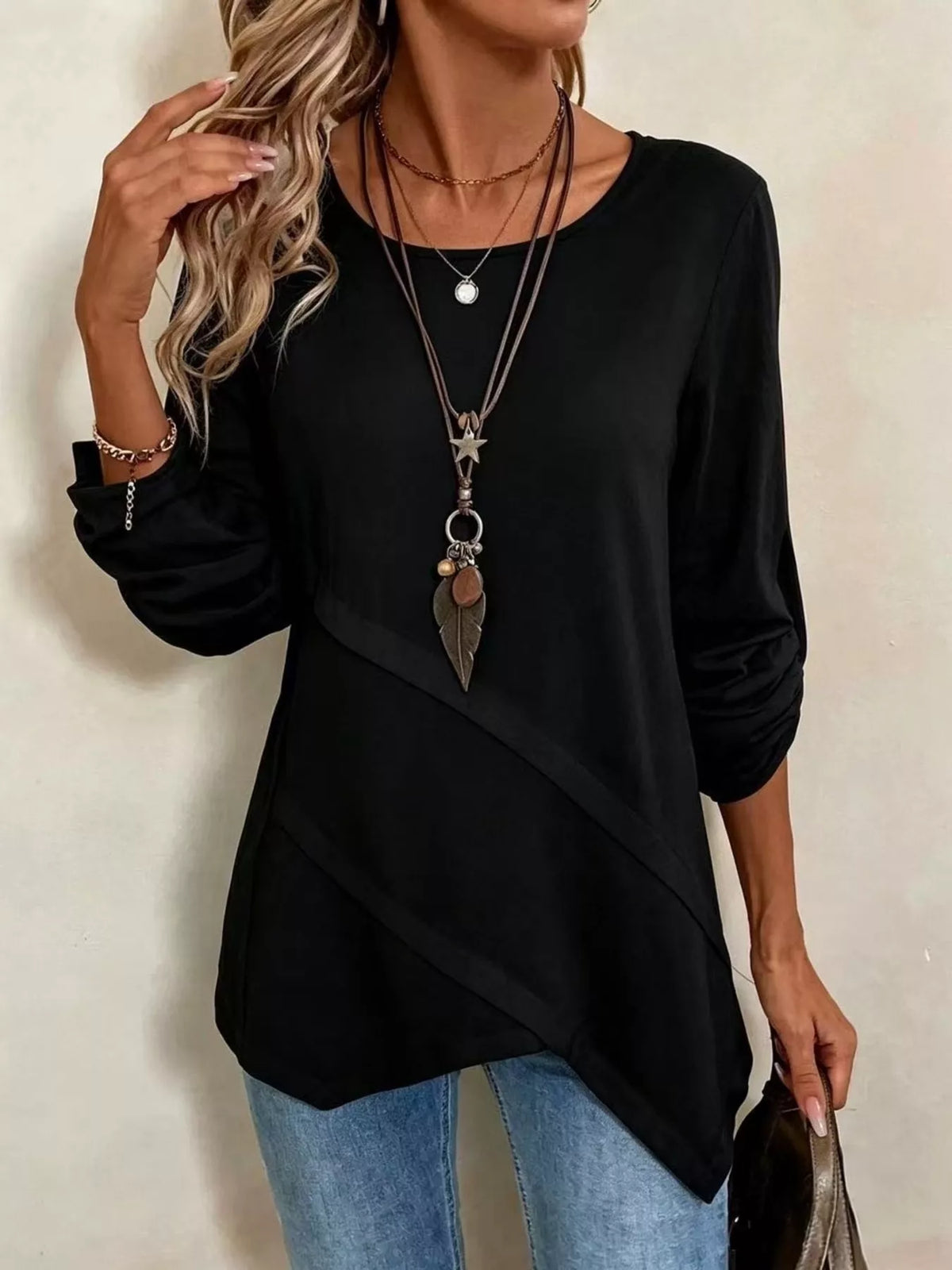 Asymmetrical Hem Solid Color Linen Blouse in Black