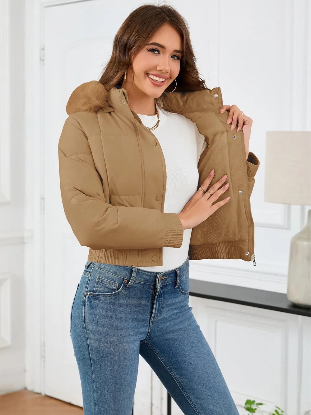 Pocketed Long Sleeve Cropped Hooded Winter Coat - Lilixa.store