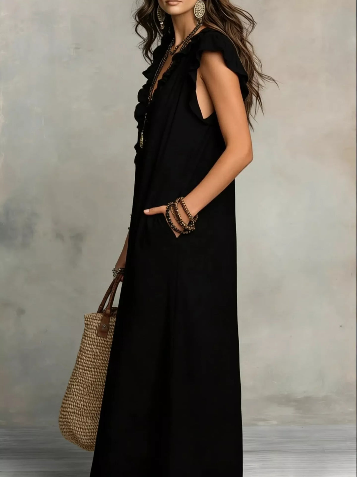 Full Size Ruffled V-Neck Cap Sleeve Maxi Dress Plus Size - Lilixa.store
