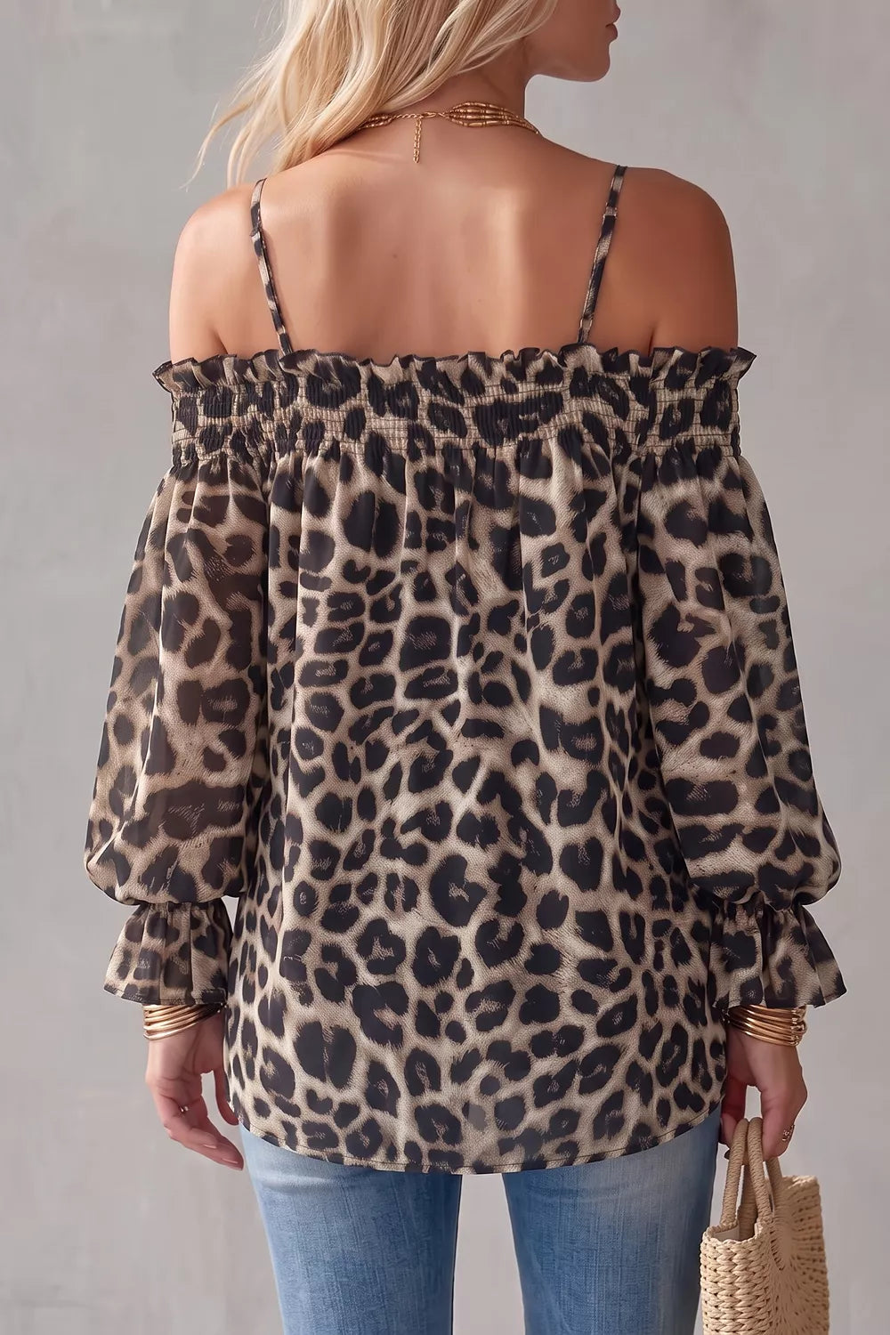 Spaghetti Strap Leopard Long Sleeve Blouse, view 2