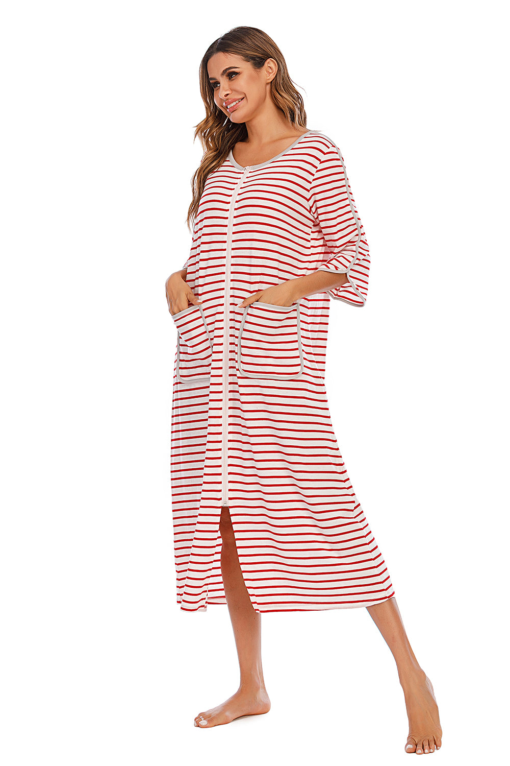 Round Neck Three-Quarter Sleeve Midi Night Dress - Lilixa.store