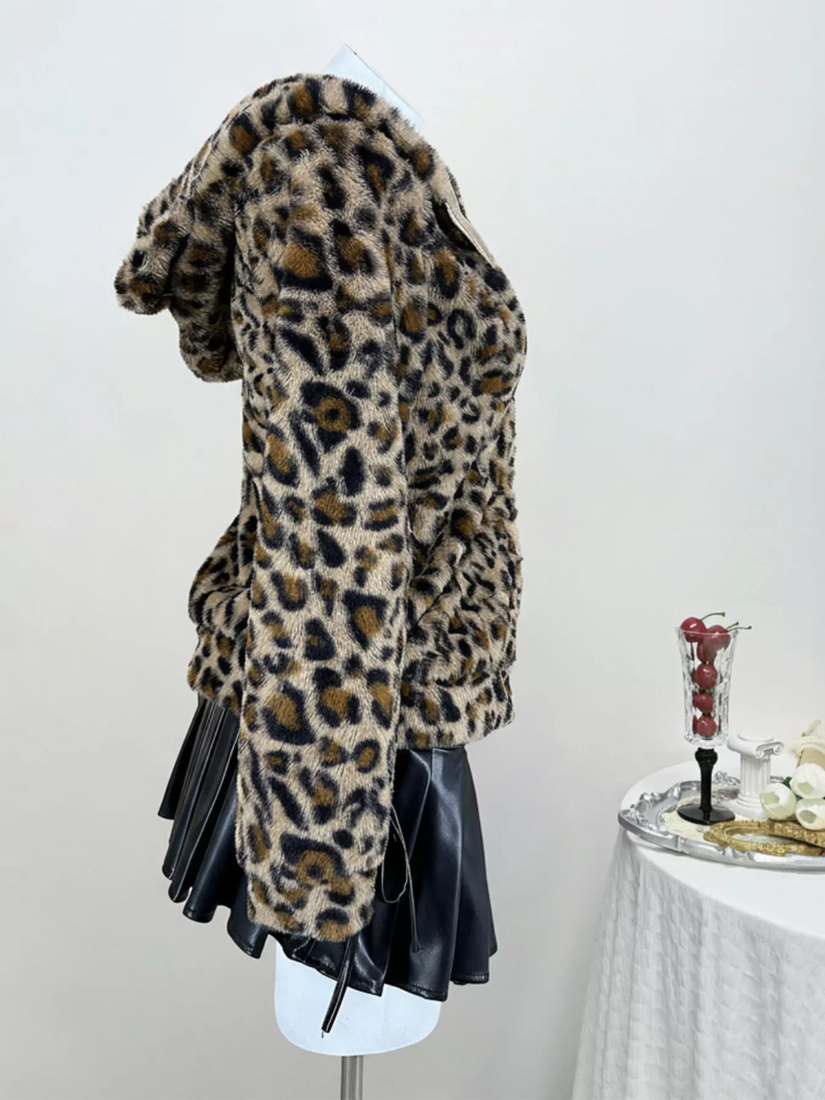 Leopard Plush Zip-Up Hooded Outerwear in Brown, view 6