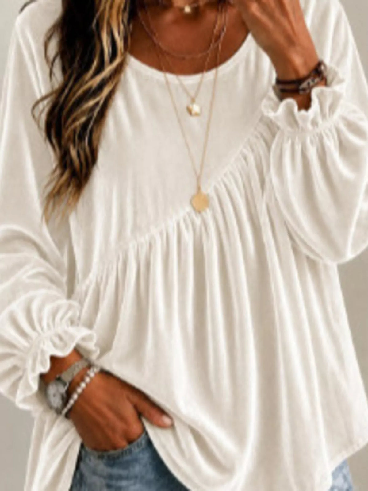 Full Size Velvet Round Neck Long Sleeve Blouse Plus Size - Lilixa.store