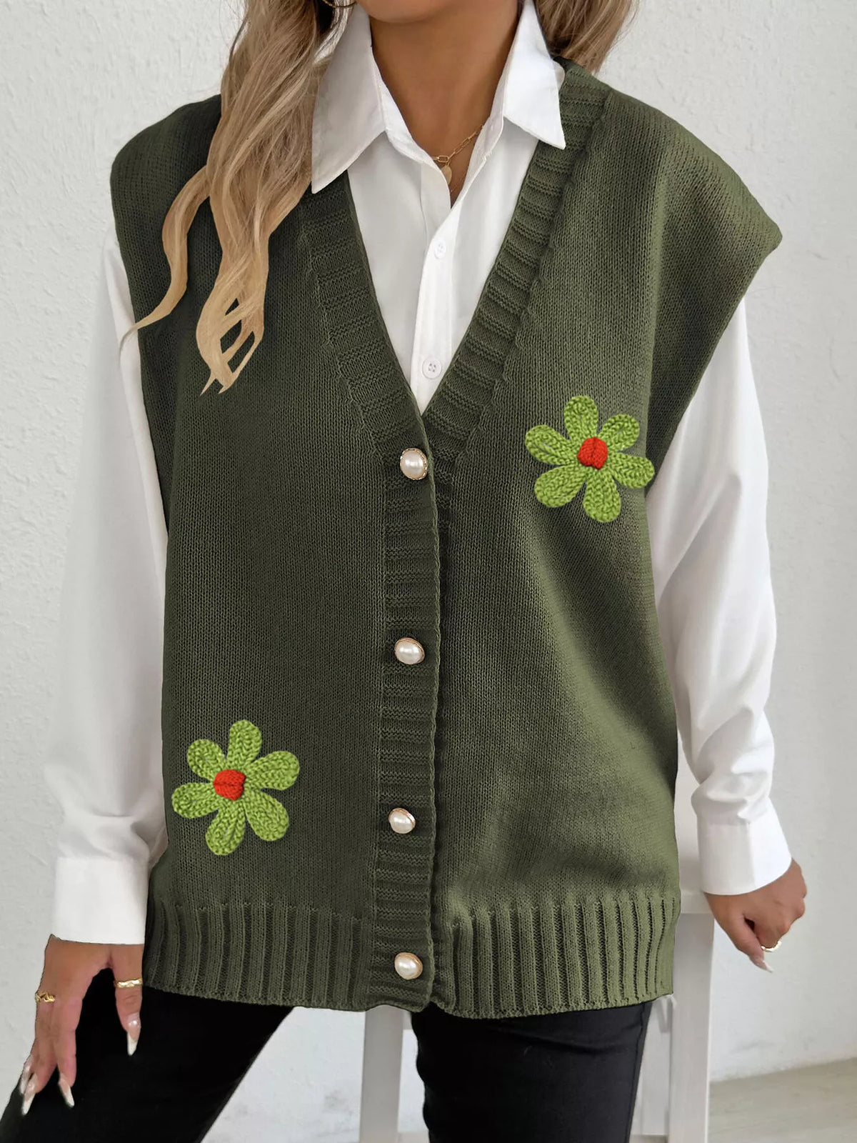 Flower V-Neck Sleeveless Cardigan - Lilixa.store