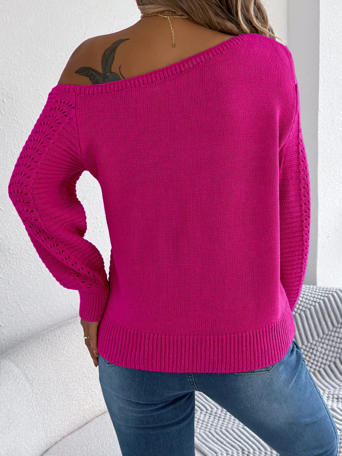 Cold-Shoulder Ribbed Knit Openwork Sweater, view 3