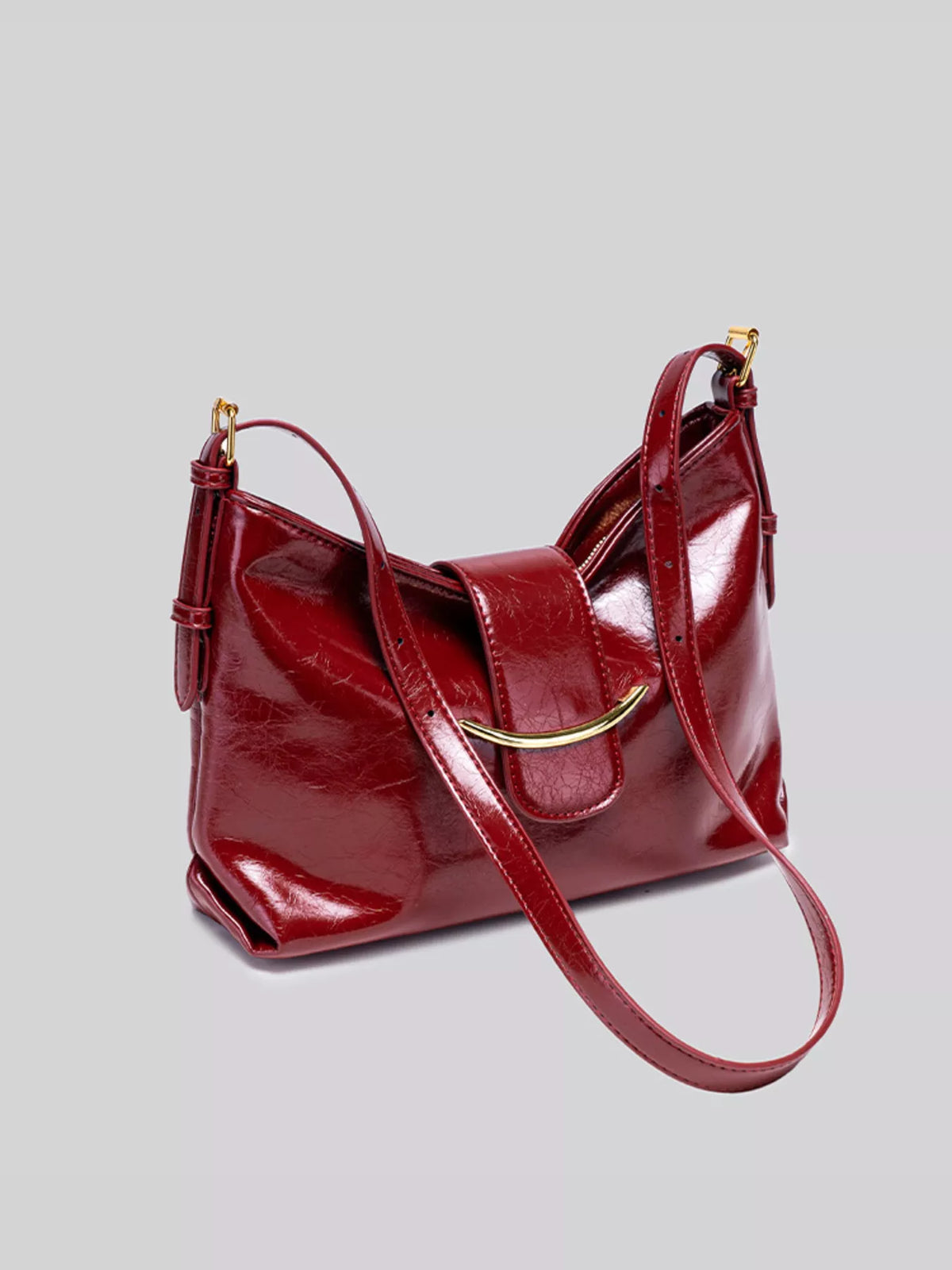 Elegant Glossy Patent Leather Shoulder Bag with Crescent Gold Accent in Wine Red, view 6