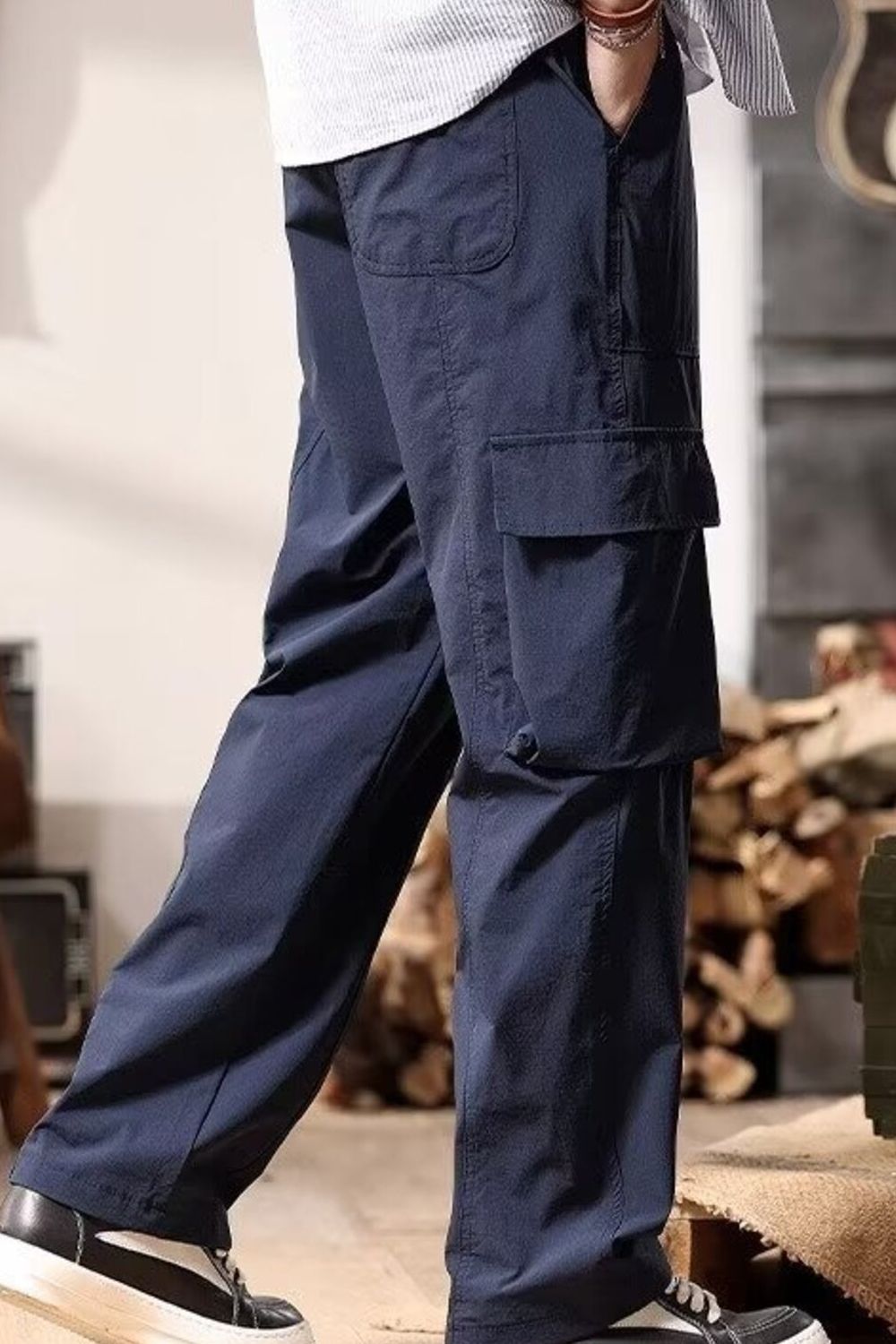 Men's Plus Size Relaxed Fit Multi-Pocket Cargo Pants in Dark Blue, view 2