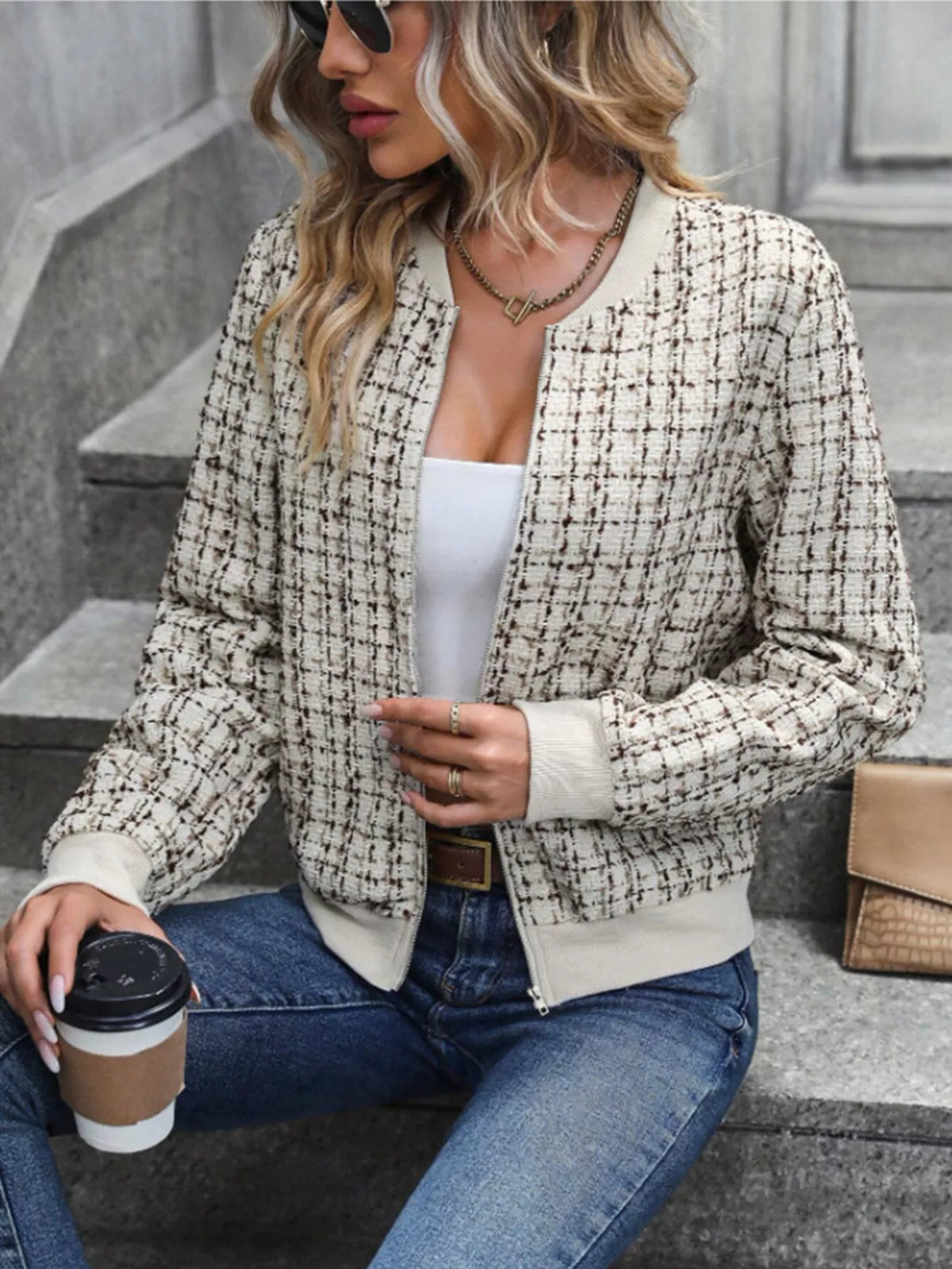 Tweed Zip Up Bomber Jacket in Apricot