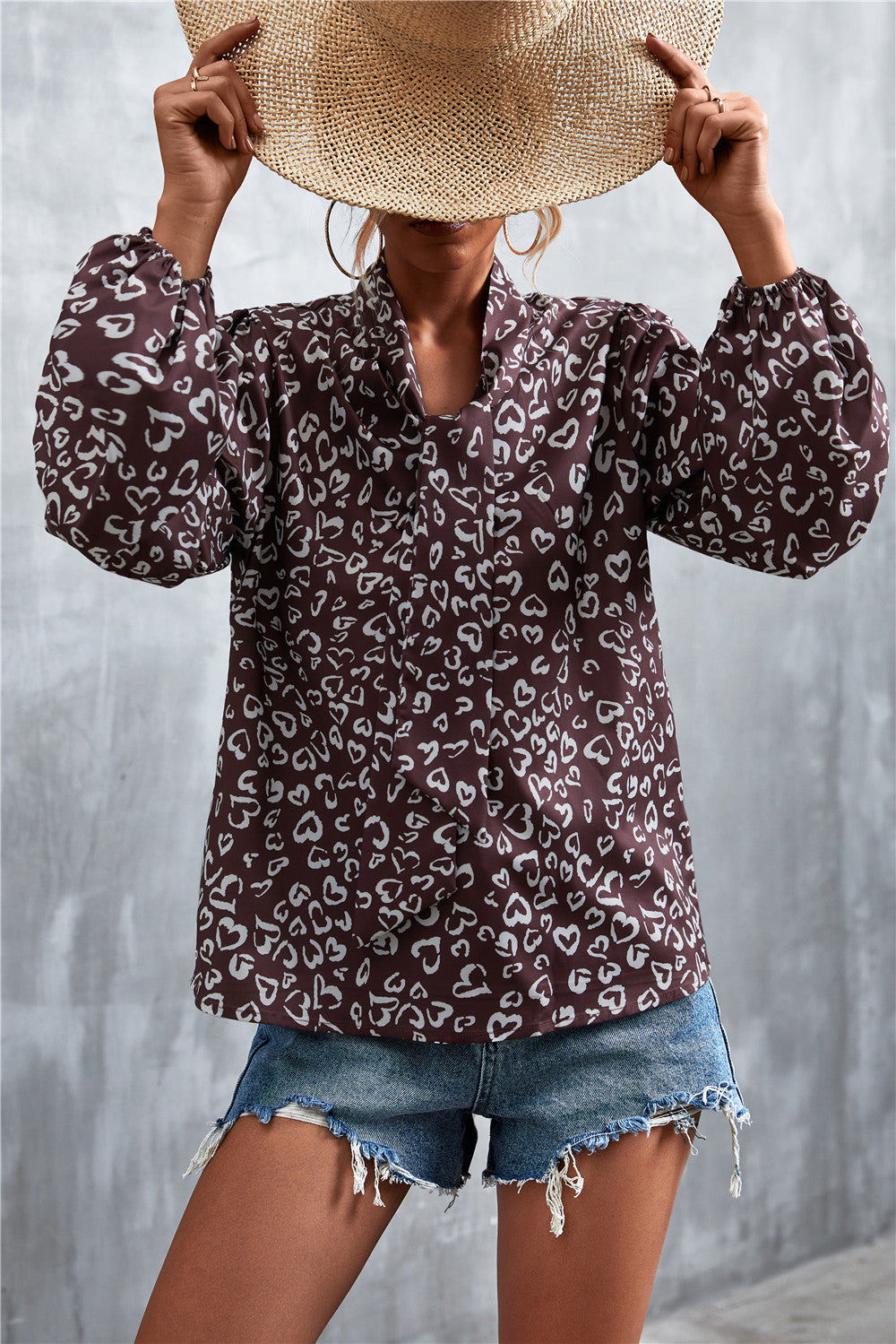 Printed Tie Neck Puff Sleeve Blouse - Lilixa.store