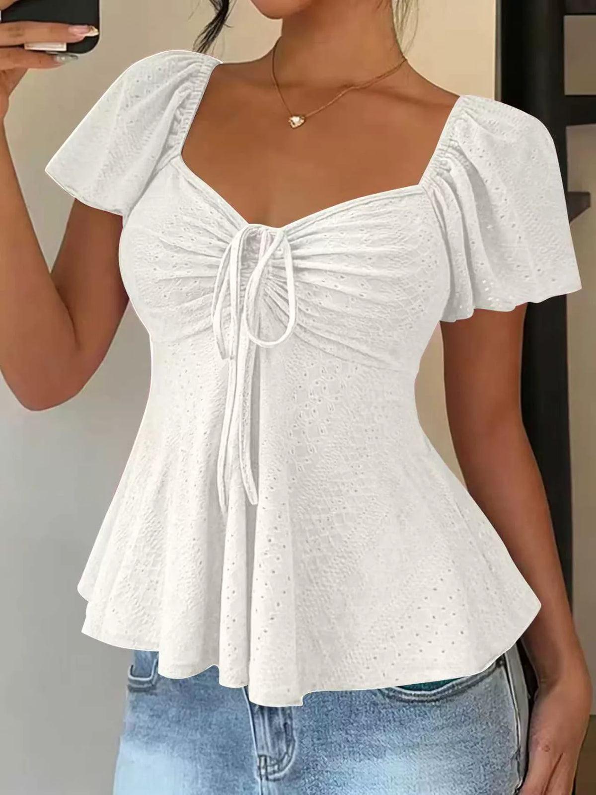 Sweetheart Neck Flutter Sleeve Top - Lilixa.store