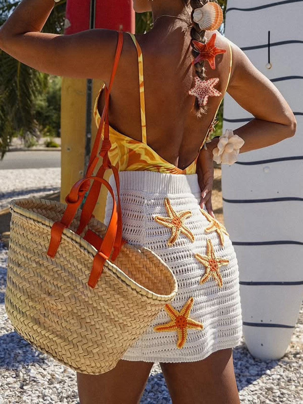 Crochet Starfish Embellished Sweater Skirt in White