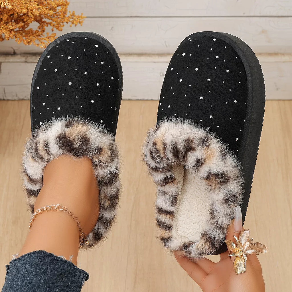 Rhinestone Faux Fur Platform Slippers, view 3