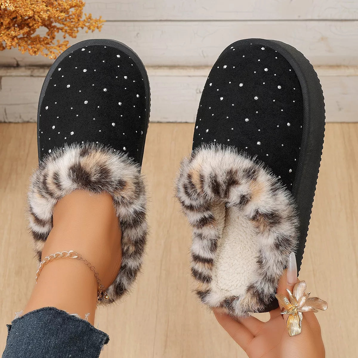 Rhinestone Faux Fur Platform Slippers - Lilixa.store