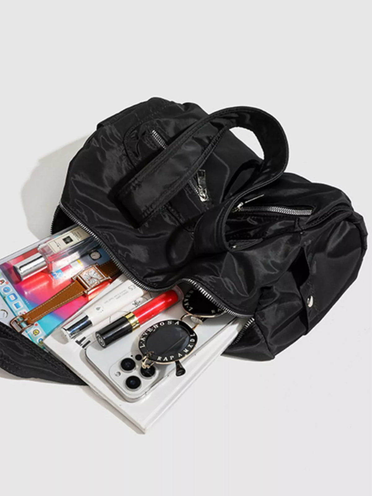 Minimalist Nylon Barrel Shoulder Bag with Multi-Pocket Utility in Black, view 10