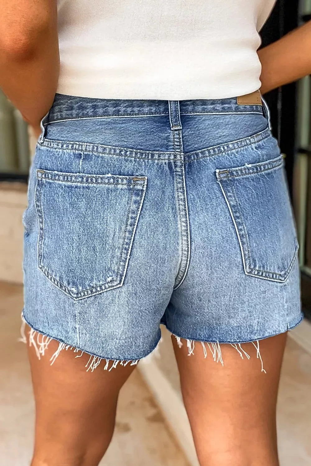 Frayed Hem High-Waisted Denim Shorts, view 2