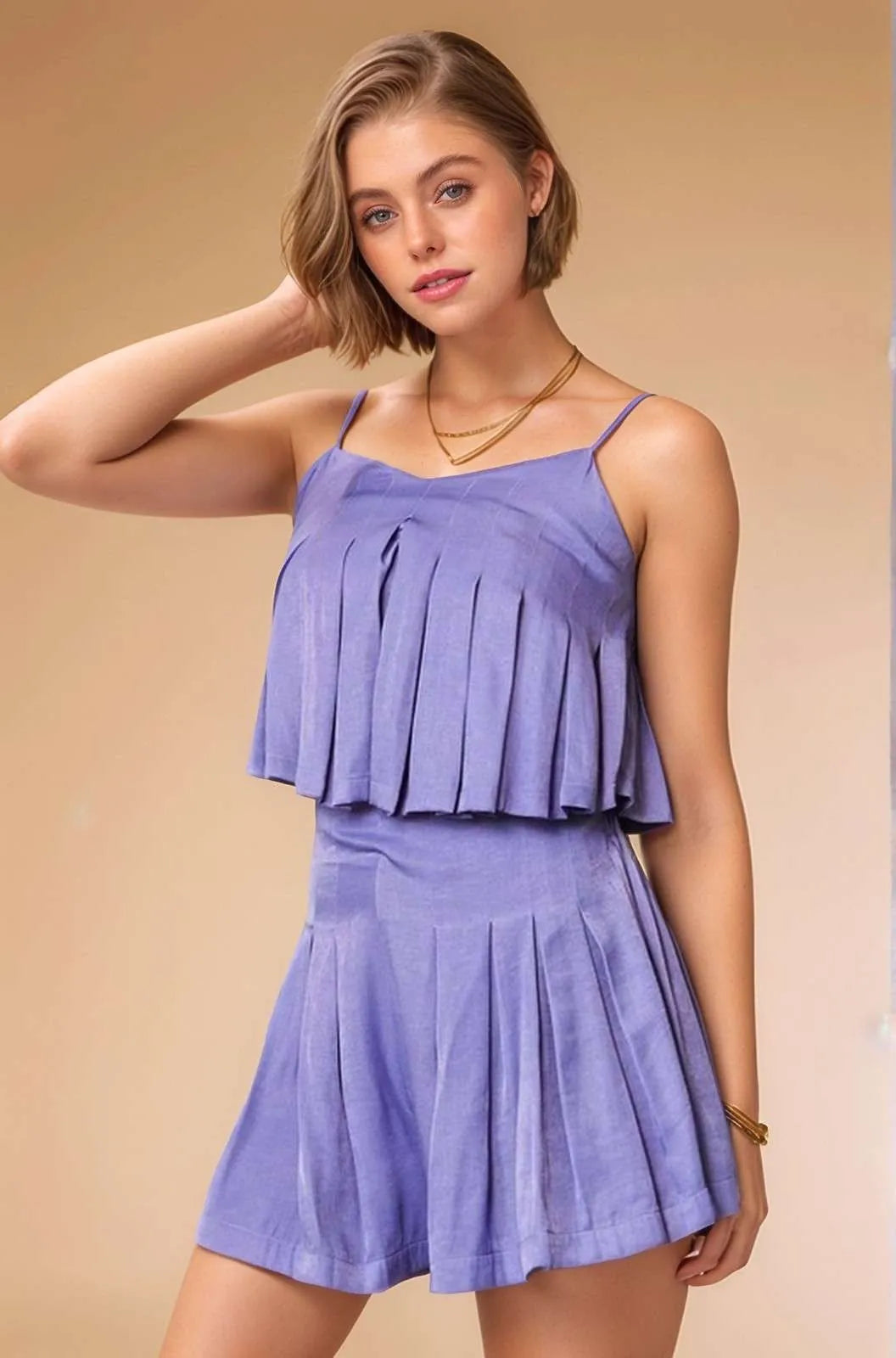 Davi & Dani Pleated Body Elastic Back Babydoll Strappy Top - Lilixa.store