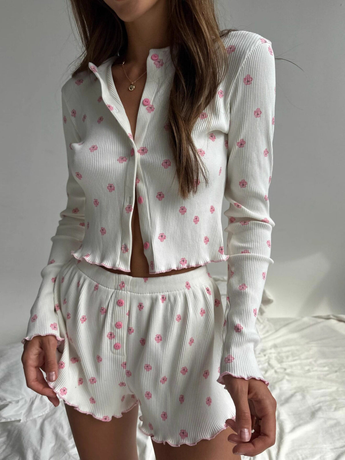Floral Print Ribbed Knit Top and Shorts Lounge Set - Lilixa.store