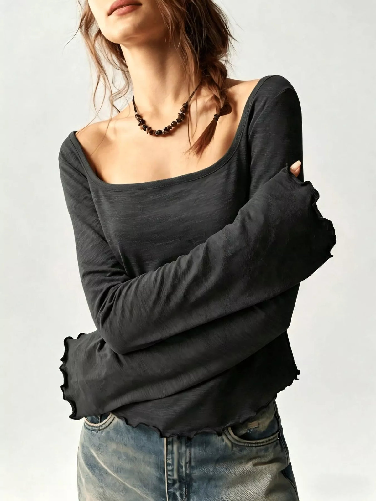 Square Neck Long Sleeve Slim-Fit T-Shirt - Lilixa.store