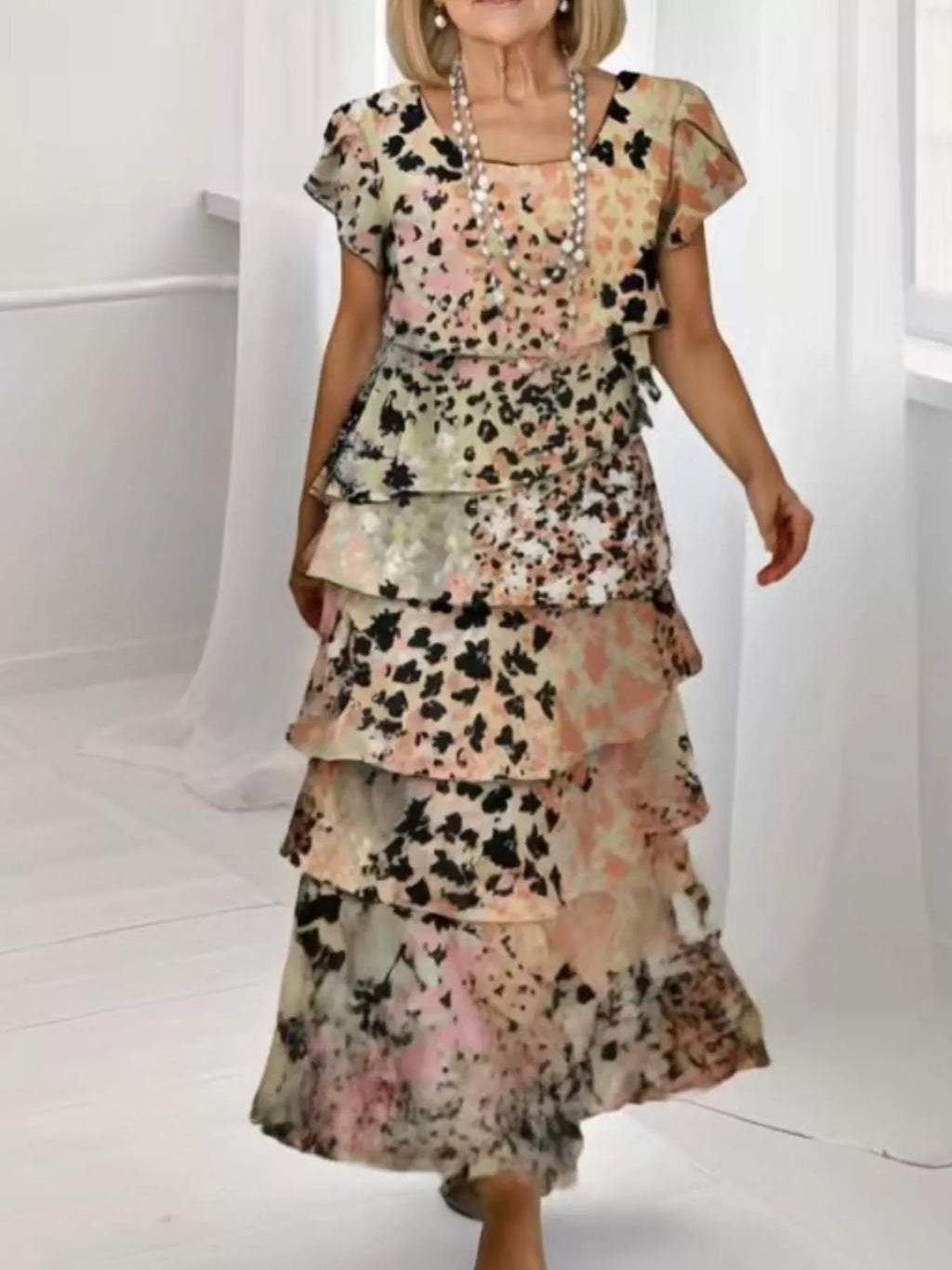 Ruffle Layered Printed Maxi Dress - Lilixa.store