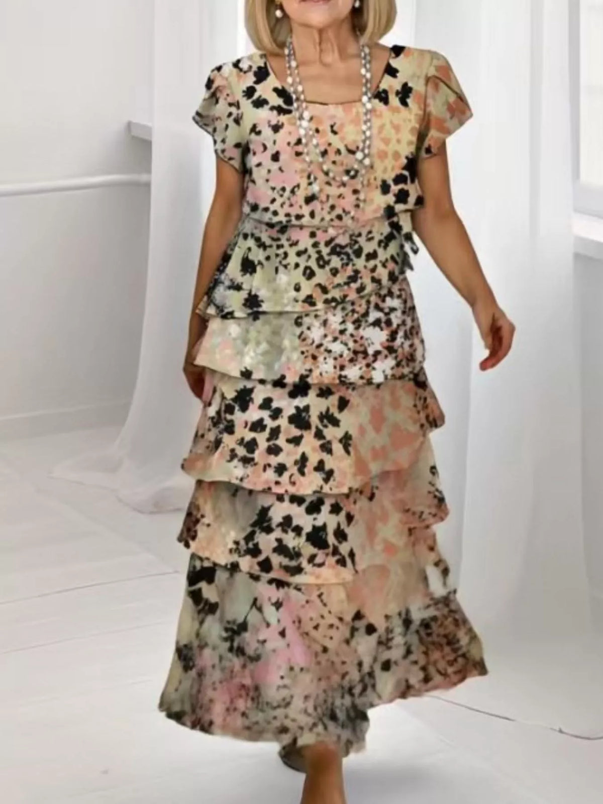 Ruffle Layered Printed Maxi Dress - Lilixa.store