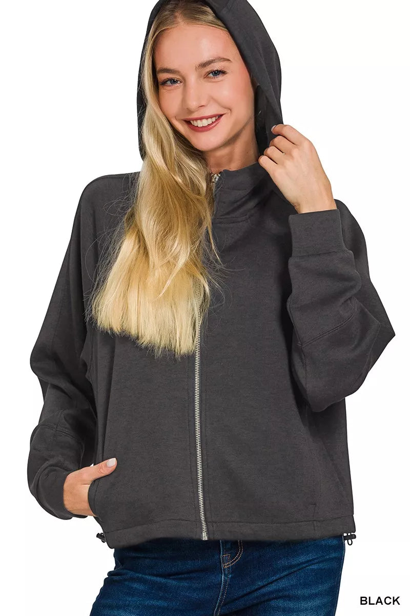 Zenana Soft Scuba Full Zip Hoodie Jacket in Black, view 2