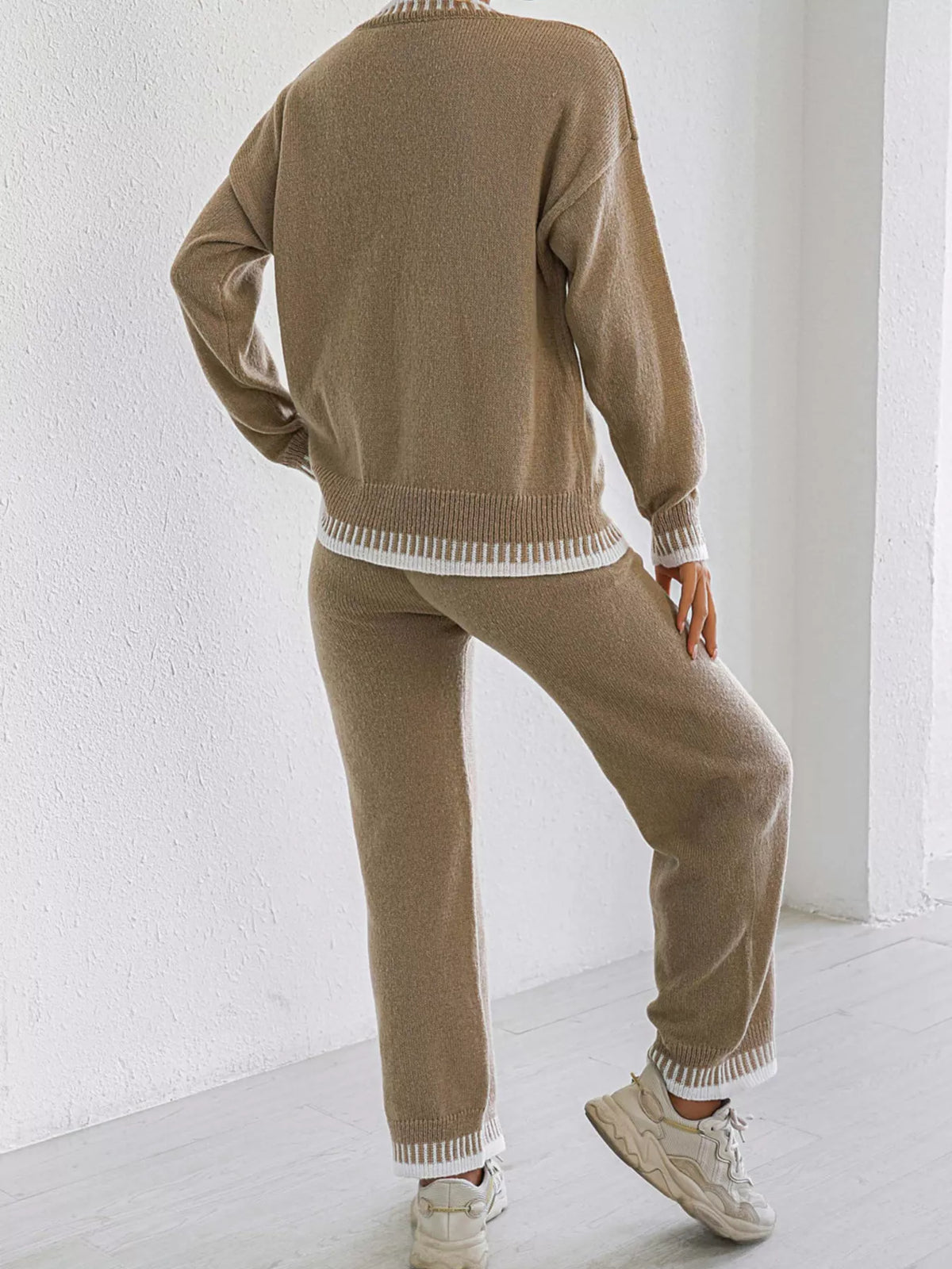 Contrast Trim Crew Neck Sweater and Pants Set