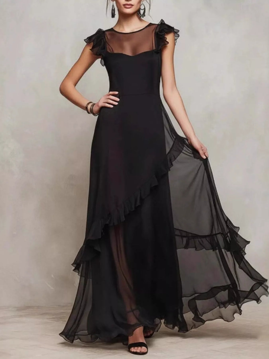 Sheer Ruffle Trim Maxi Dress – image 1 | Lilixa Spooky Season