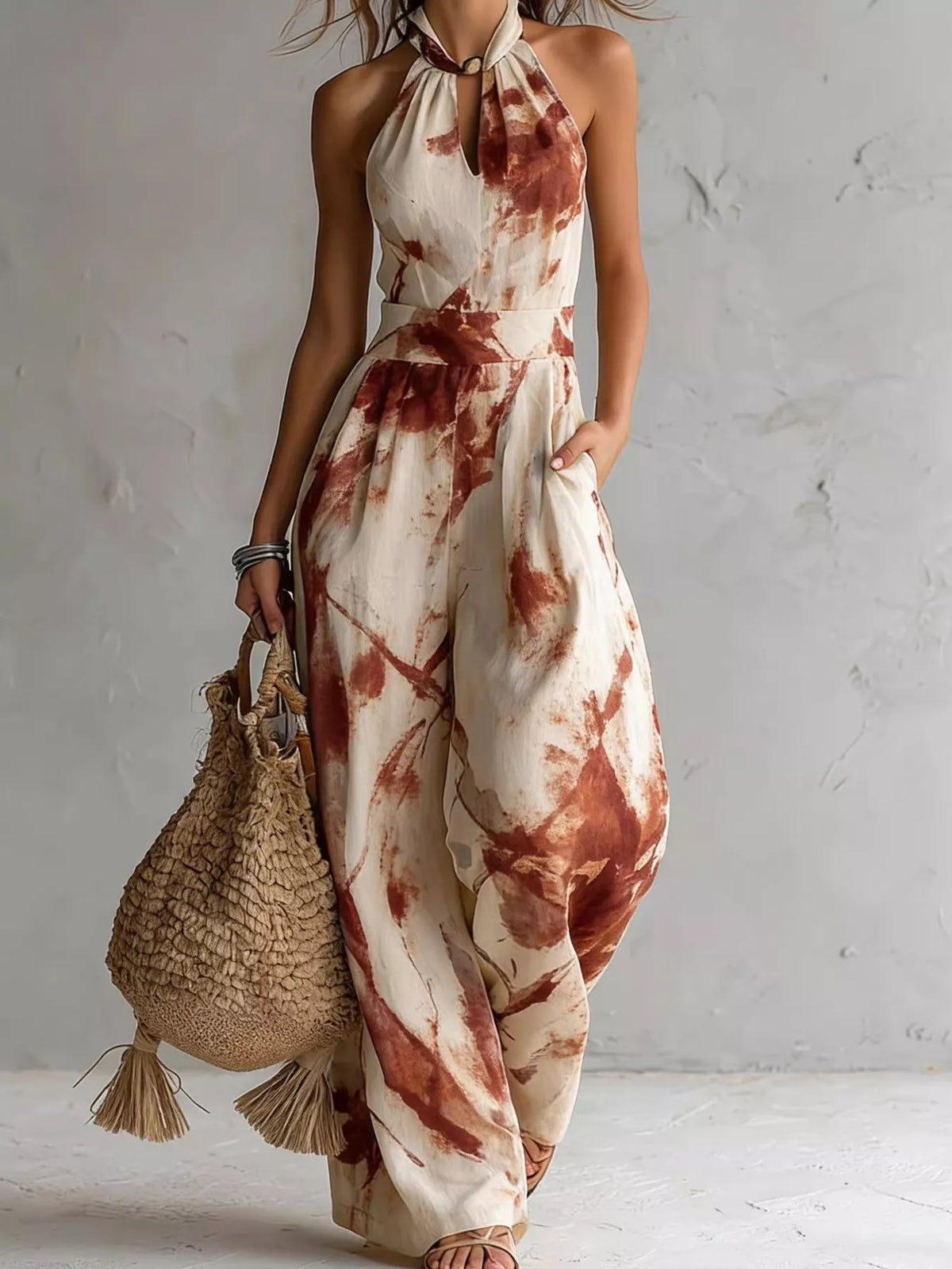 Ink Wash Print Halter Neck Wide-Leg Jumpsuit