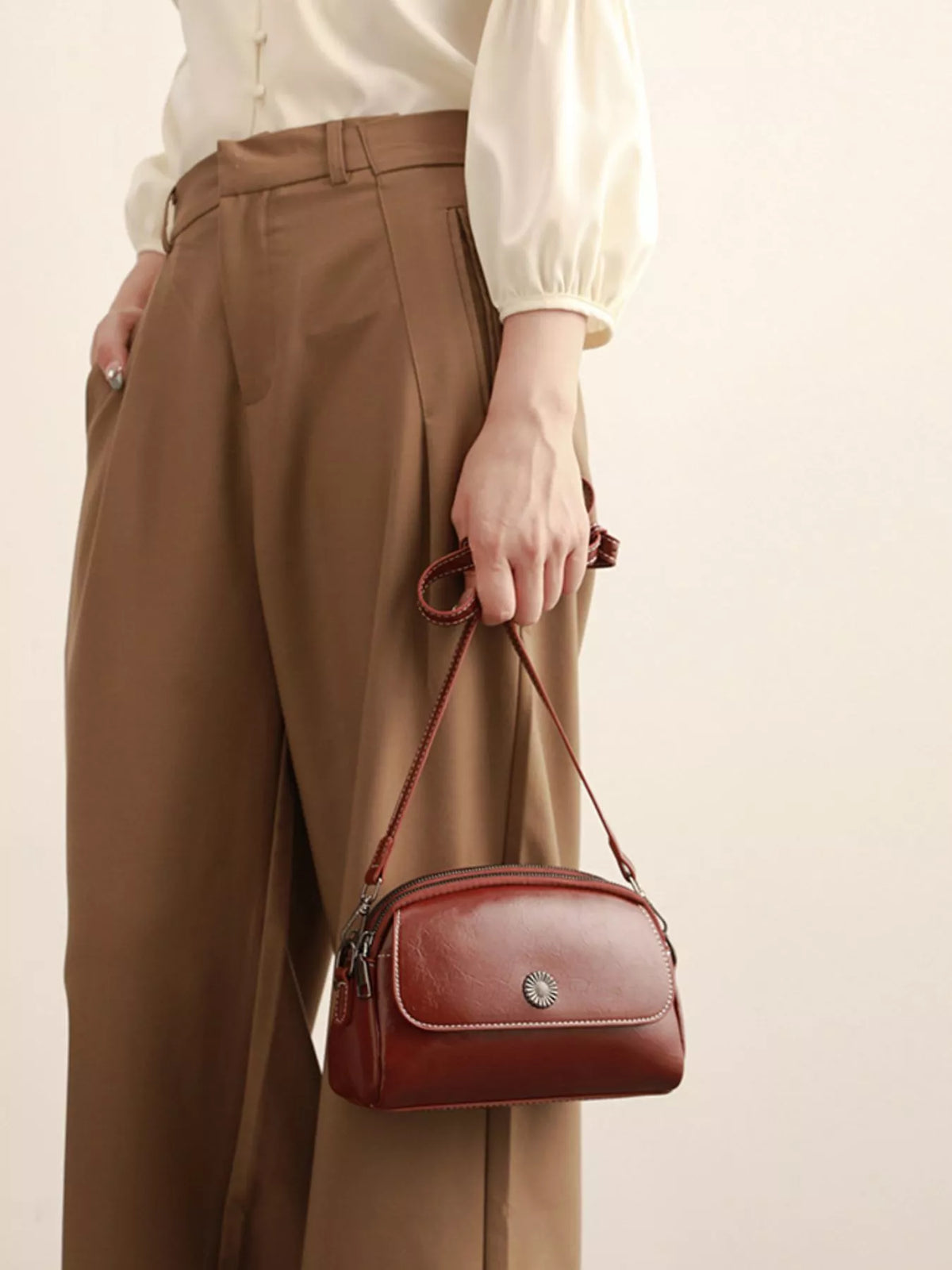 PU Leather Crossbody Bag with Metal Emblem Detail in Brown, view 2