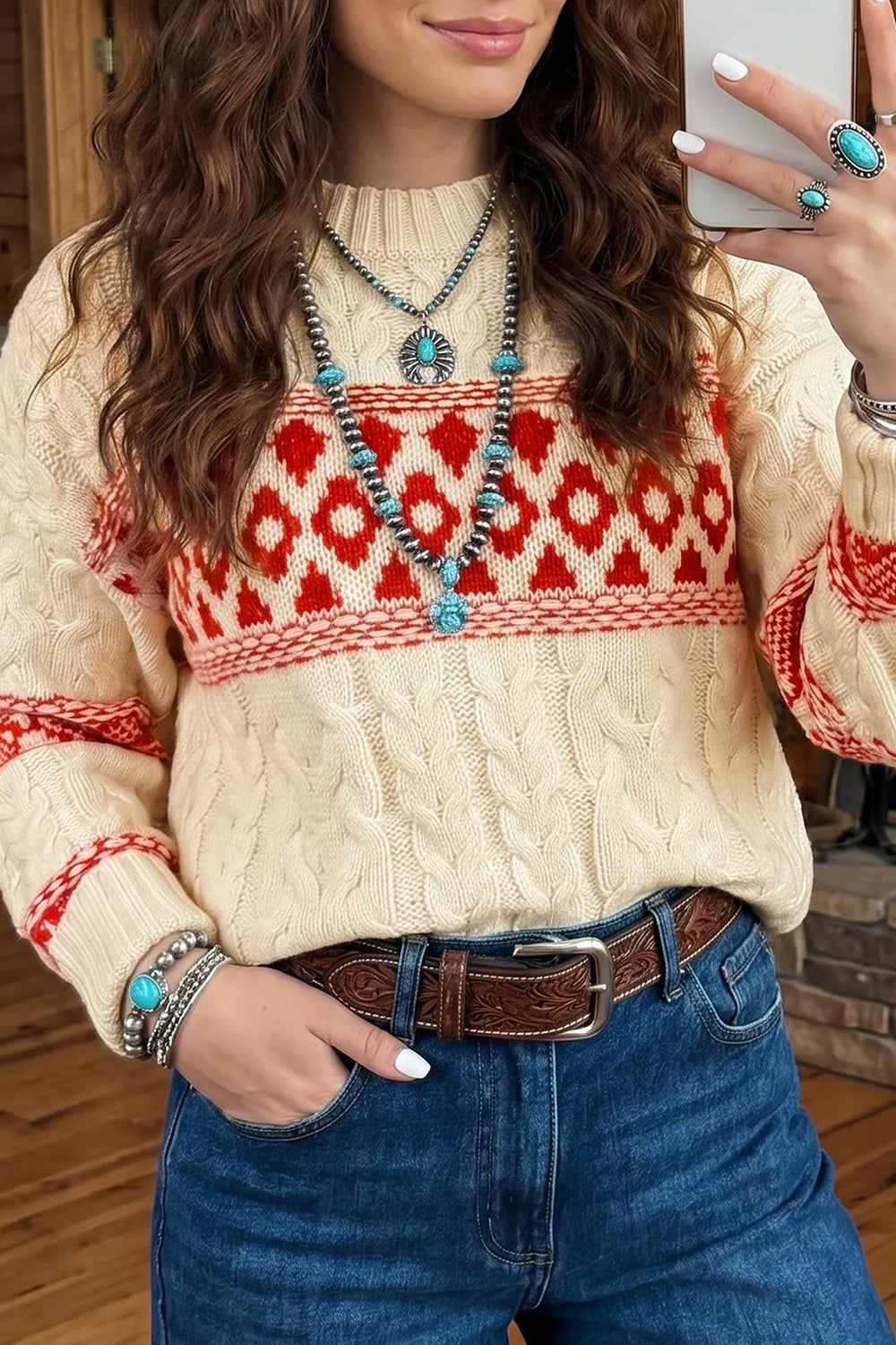 Western Print Round Neck Long Sleeve Shift Sweater in Deep Red, view 5