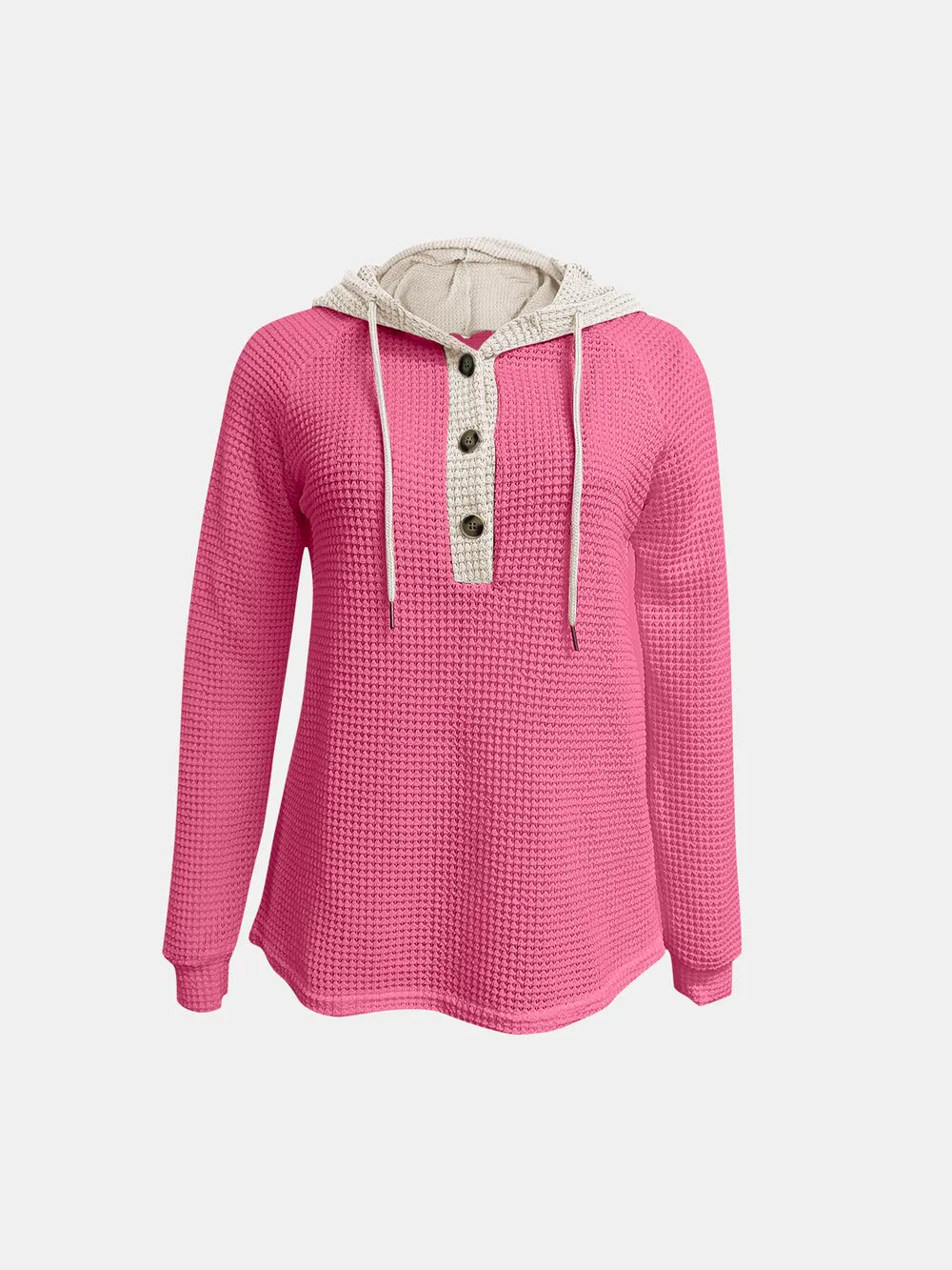 Full Size Waffle-Knit Contrast Long Sleeve Hoodie - Lilixa.store