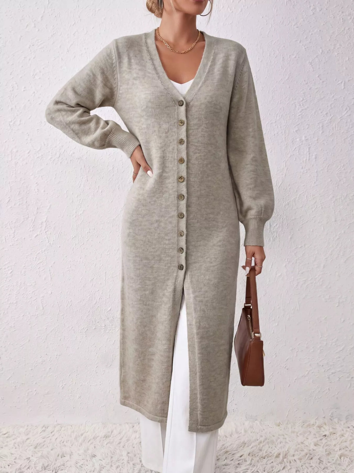 Elegant Longline Button-Front Cardigan with Lantern Sleeves, view 2