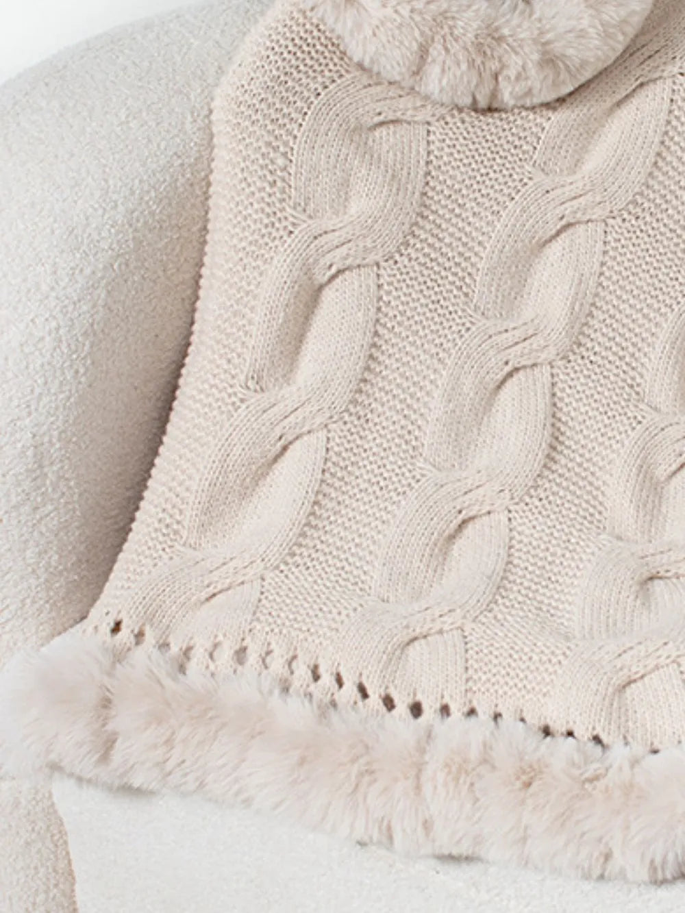 Fuzzy Hem Cable-Knit Poncho - Lilixa.store