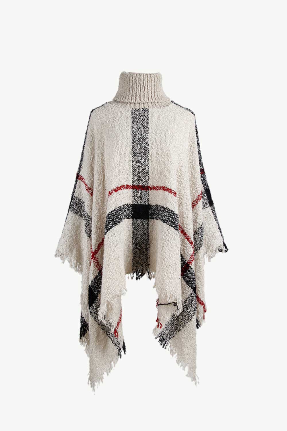 Plaid Turtleneck Raw Hem Poncho in Beige