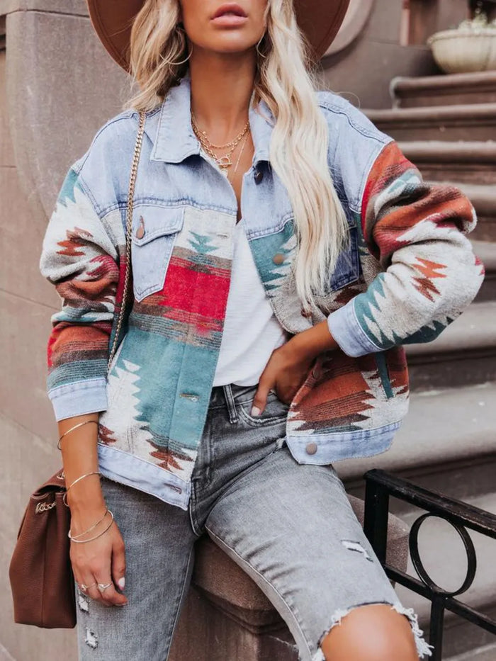 Geometric Button Up Long Sleeve Jacket - Lilixa.store