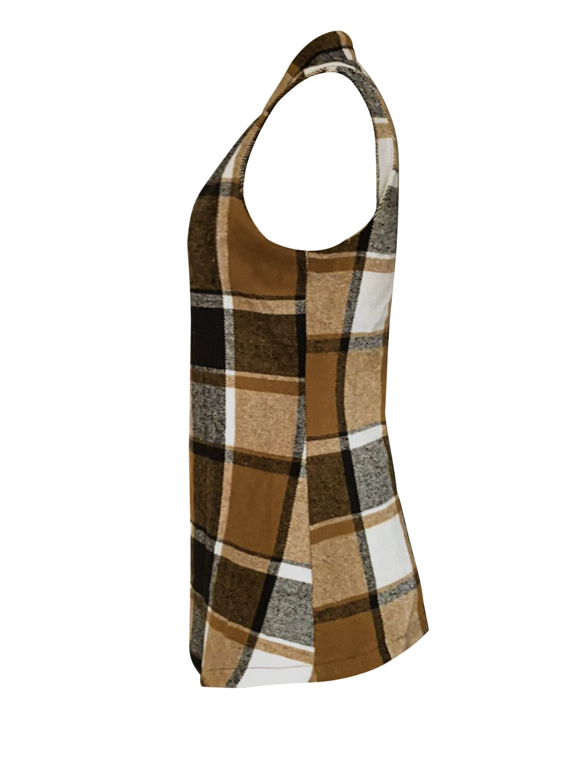 Plaid Open Front Collared Neck Vest in Camel, view 4