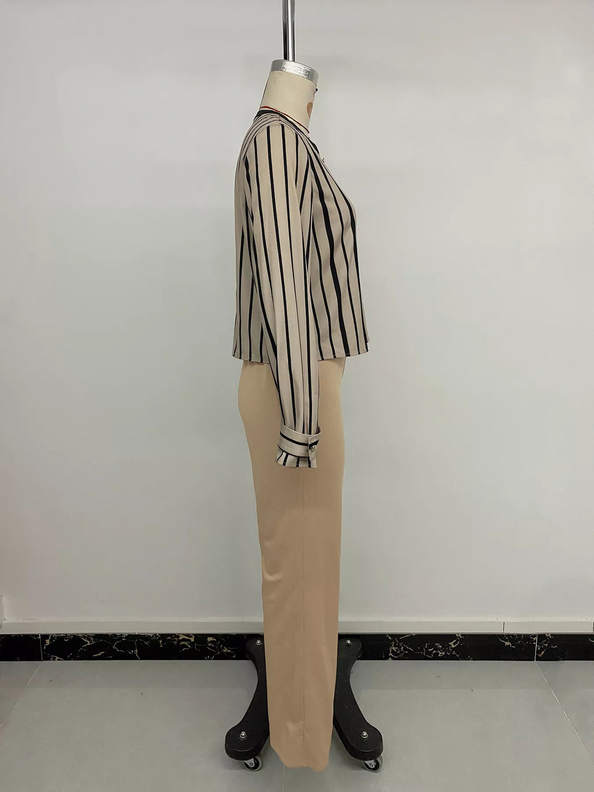 Striped Button-Down Shirt and High-Waisted Flare Pants Set in Khaki, view 18