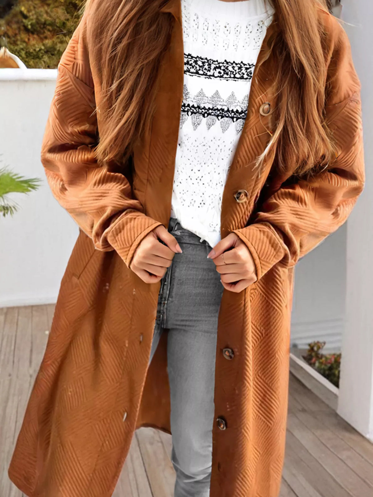 Textured Collared Drop Shoulder Buttoned Front Coat in Caramel, view 2