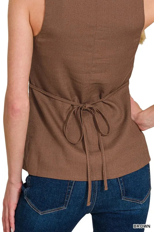 Zenana Linen Tie-back 4-button Vest with Lining in Brown, view 2