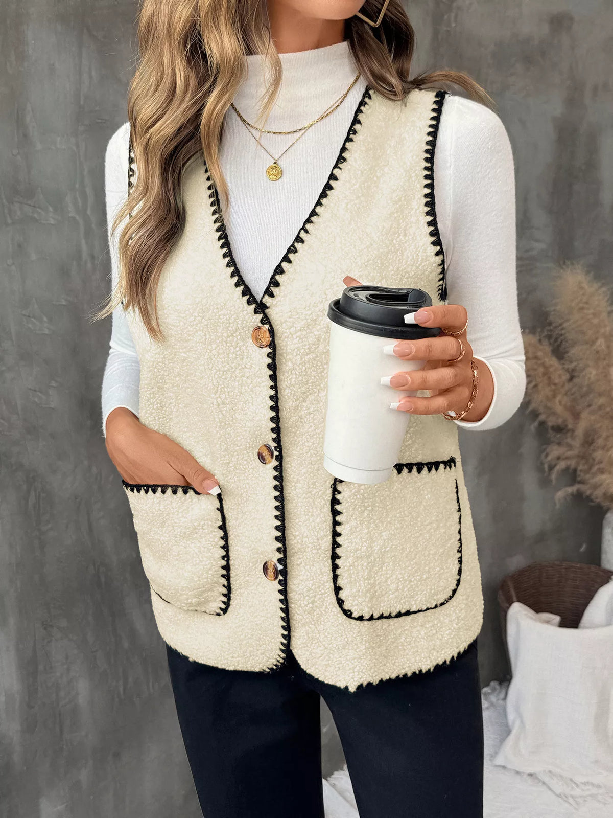 V-Neck Button Up Vest Coat in Apricot, view 5