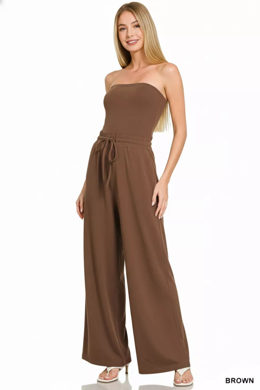 Zenana Tube Top Jumpsuit with Drawstring Waist in Brown, view 2