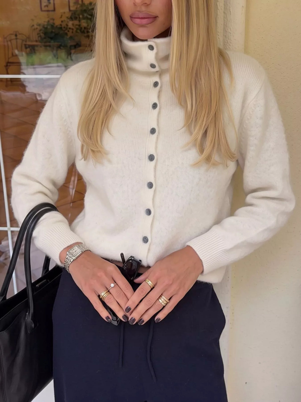Mock Neck Button-Down Fuzzy Knit Cardigan, view 8