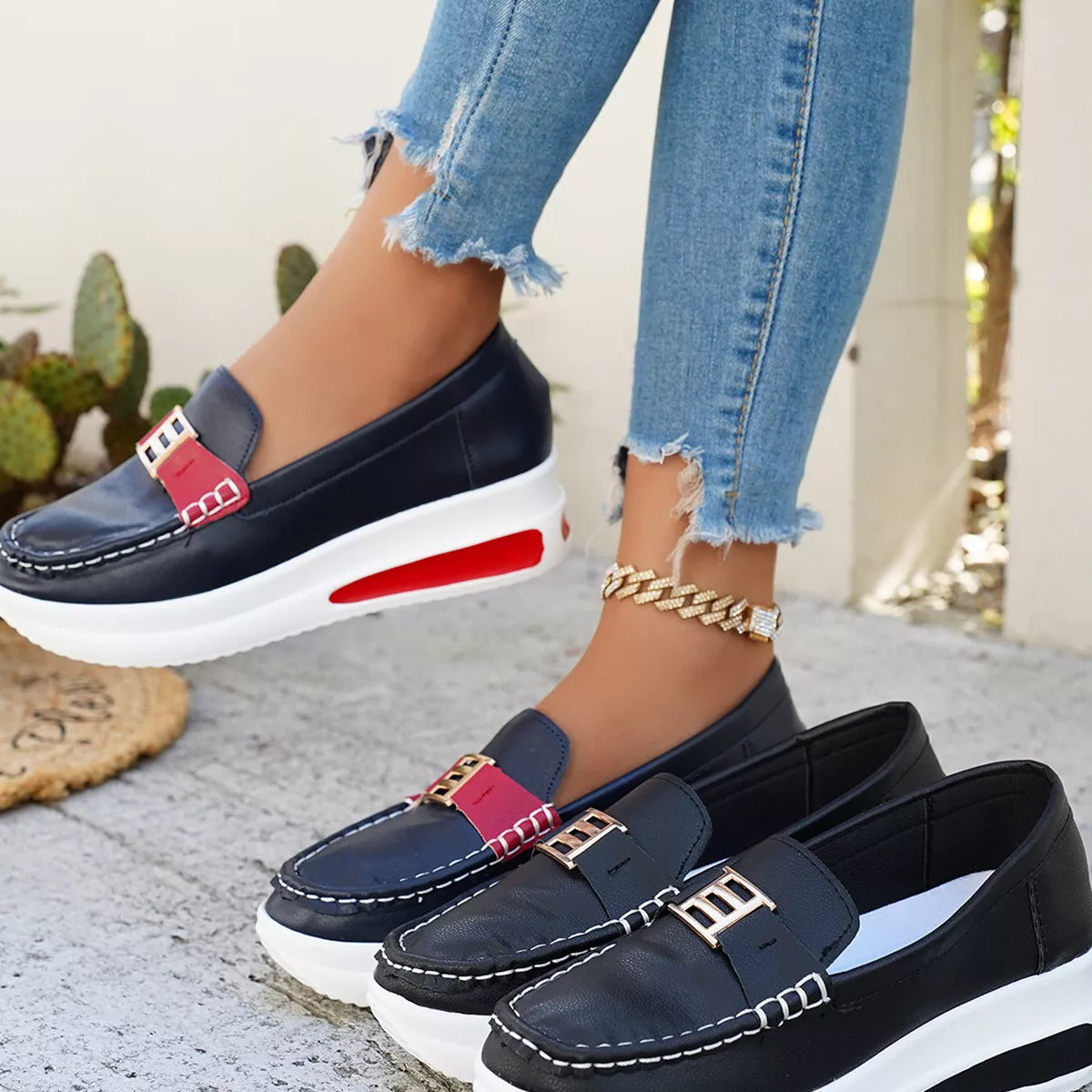 Metal Buckle Round Toe Slip-Ons, view 7