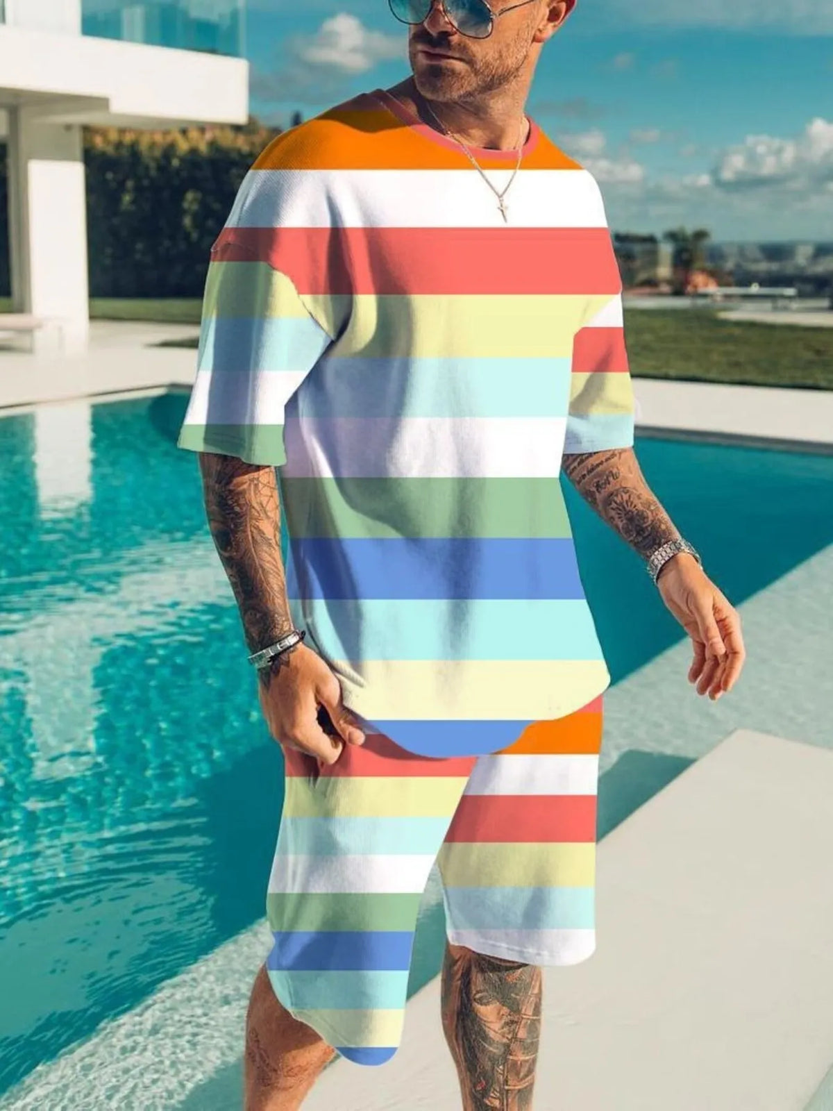 Men's Full Size Color Block Tee and Shorts Set Plus Size - Lilixa.store
